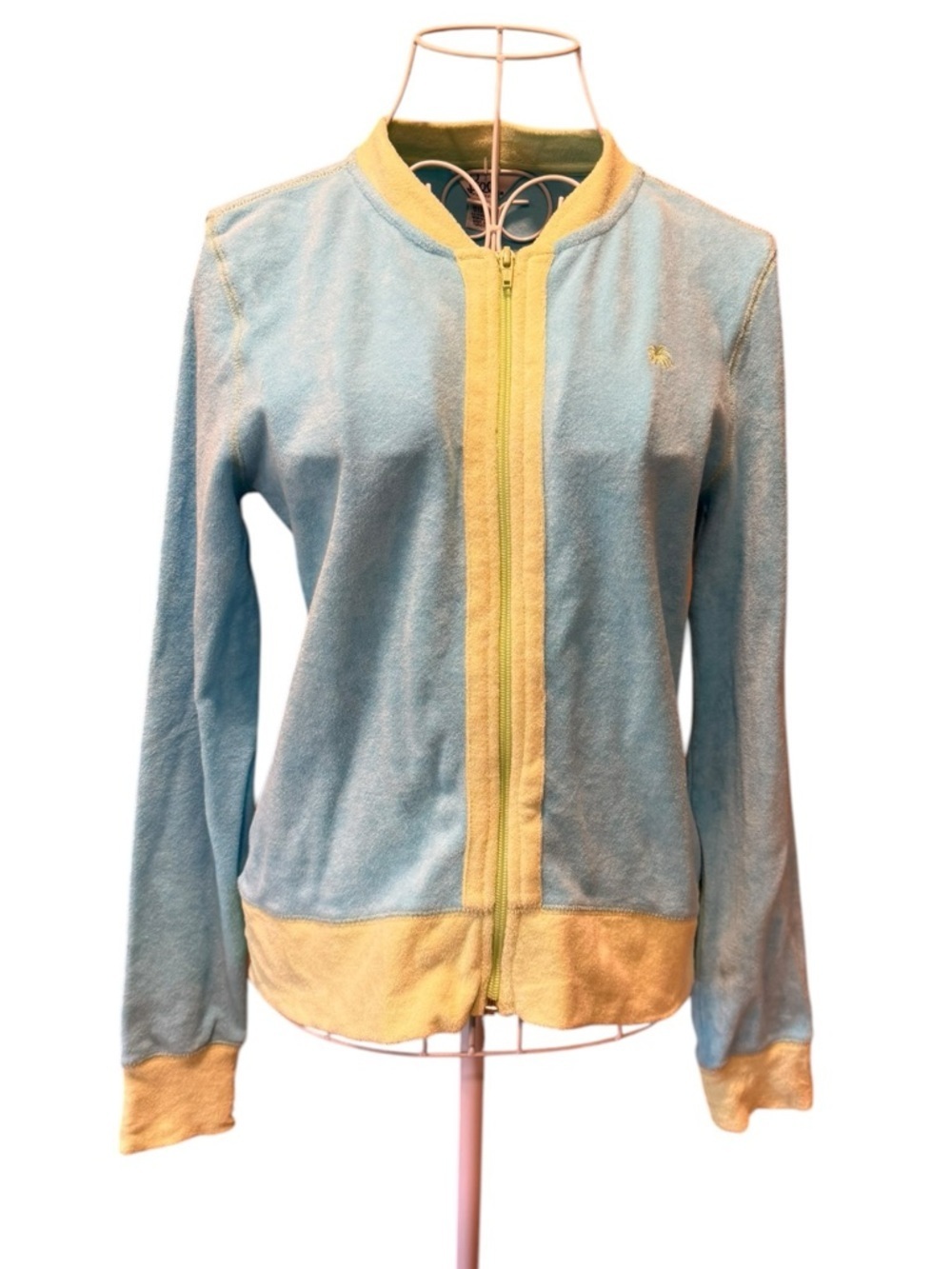 Lilly Pulitzer Terry Cloth Jacket Light Blue Yellow Contrast Cuffs Full Zip XS